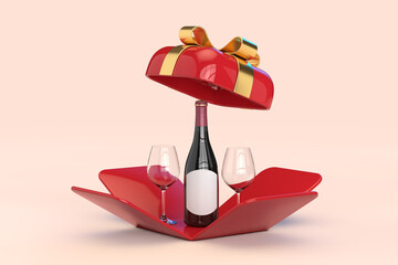 Two Glasses and Wine Bottle With Blank Label Mockup for Your Design in Opened Red Gift Box with Golden Ribbon. 3d Rendering