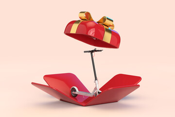 White Modern Eco Electric Kick Scooter in Opened Red Gift Box with Golden Ribbon. 3d Rendering © doomu