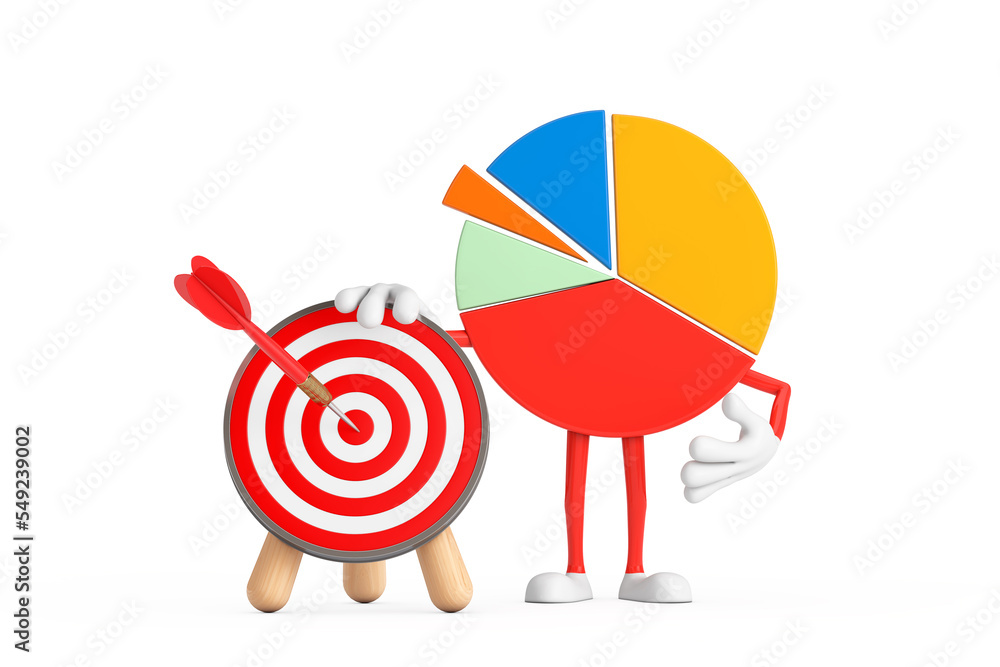 Poster info graphics business pie chart character person with archery target and dart in center. 3d renderi