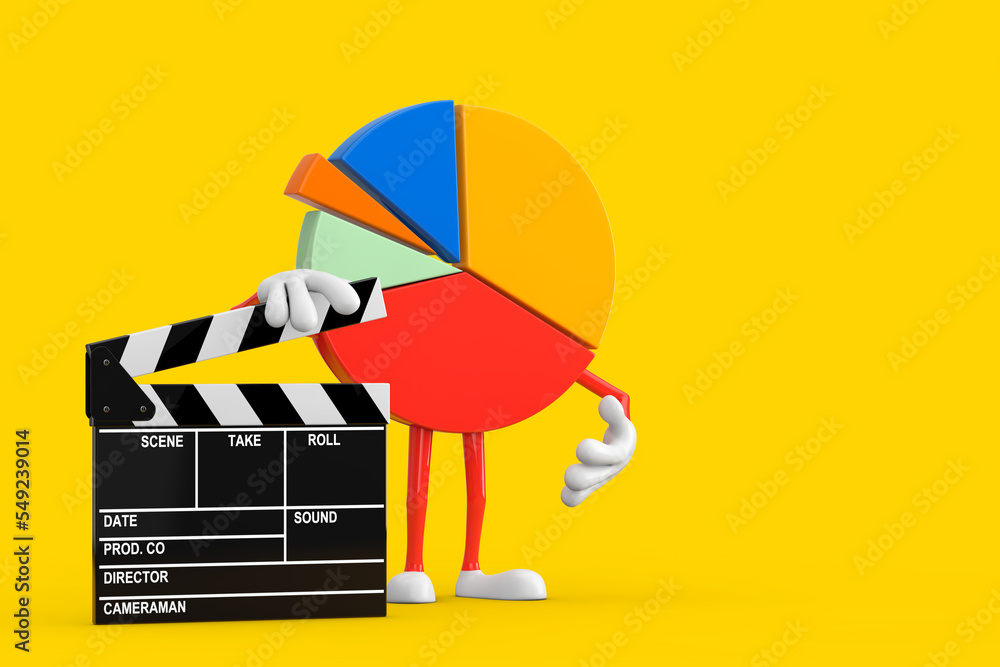 Poster Info Graphics Business Pie Chart Character Person with Movie Clapper Board. 3d Rendering
