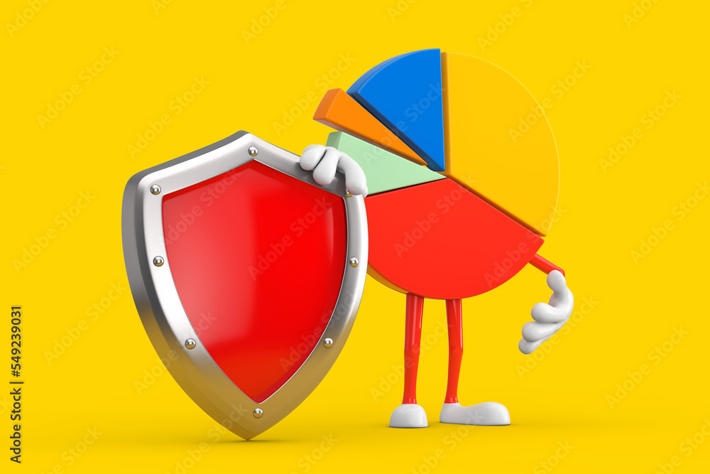 Poster info graphics business pie chart character person with red metal protection shield. 3d rendering