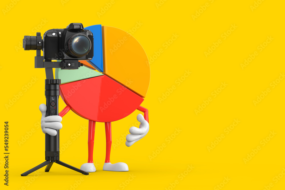Leinwandbilder Info Graphics Business Pie Chart Character Person with DSLR or Video Camera Gimbal Stabilization Tripod System. 3d Rendering
