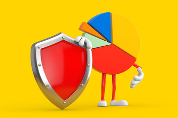 Info Graphics Business Pie Chart Character Person with Red Metal Protection Shield. 3d Rendering