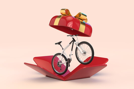 Black and White Mountain Bike in Opened Red Gift Box with Golden Ribbon. 3d Rendering