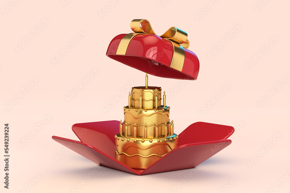 Aufkleber abstract golden cake in opened red gift box with golden ribbon. 3d rendering