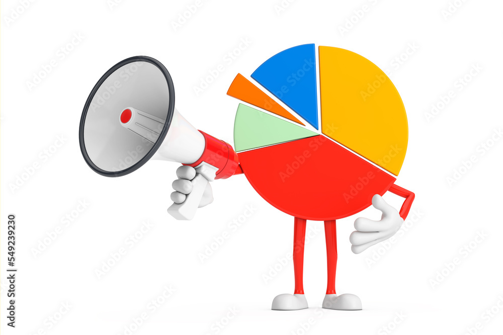 Poster info graphics business pie chart character person with red retro megaphone. 3d rendering