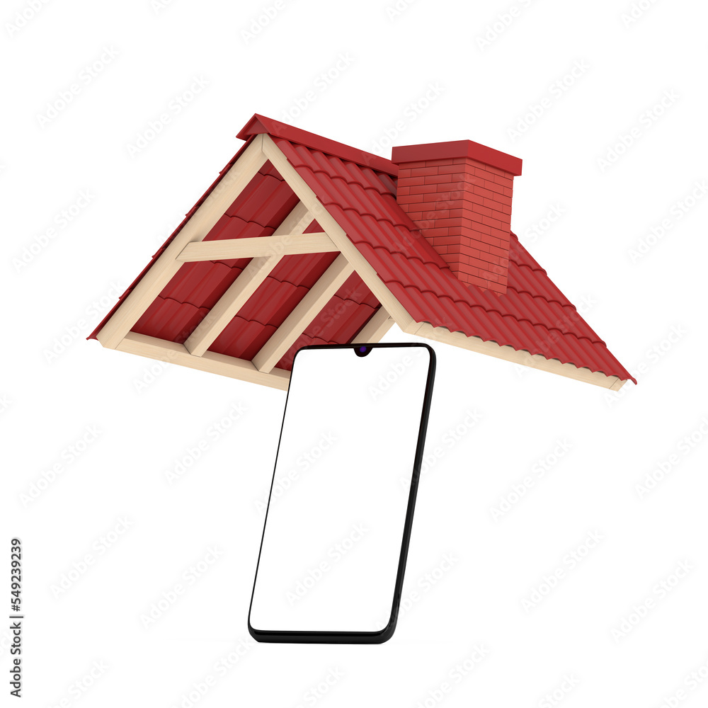 Poster modern mobile phone with blank screen for your design under red tile roof. 3d rendering