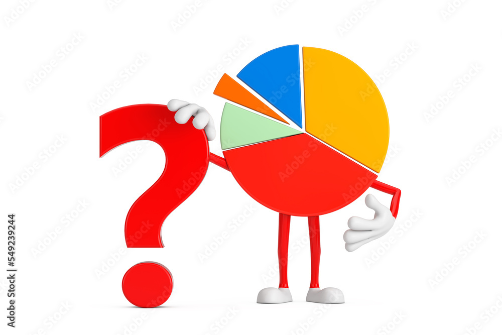 Poster info graphics business pie chart character person with red question mark sign. 3d rendering