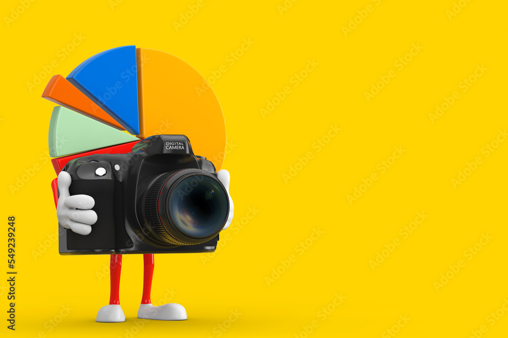 Aufkleber info graphics business pie chart character person with modern digital photo camera. 3d rendering