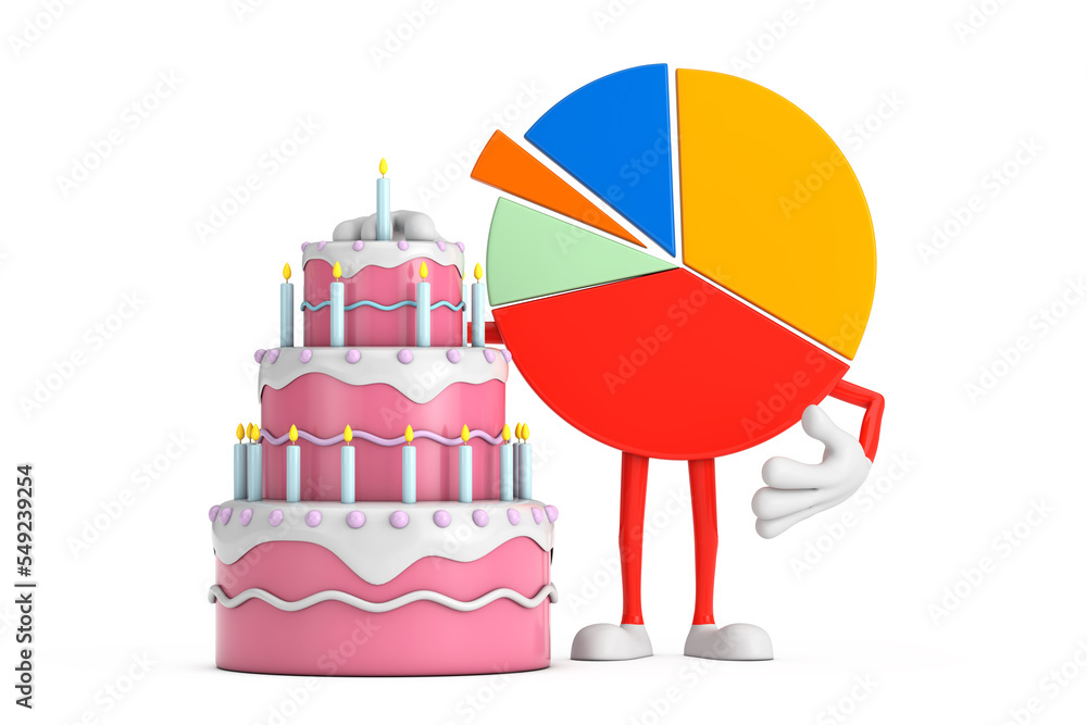 Poster info graphics business pie chart character person with birthday cartoon dessert tiered cake and cand
