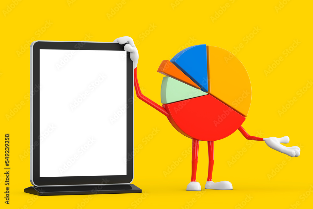 Leinwandbilder Info Graphics Business Pie Chart Character Person with Blank Trade Show LCD Screen Display Stand as Template for Your Design. 3d Rendering