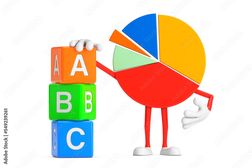 Poster info graphics business pie chart character person with alphabet abc education cubes. 3d rendering