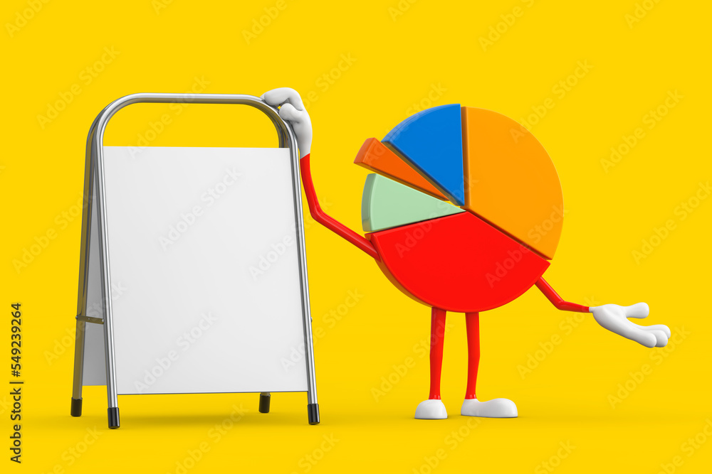 Poster info graphics business pie chart character person with white blank advertising promotion stand. 3d r