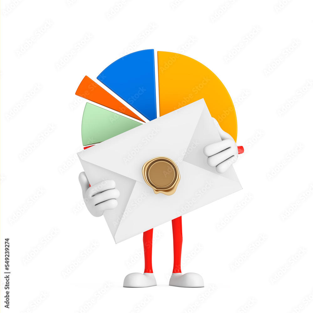 Poster info graphics business pie chart character person with white blank envelope. 3d rendering
