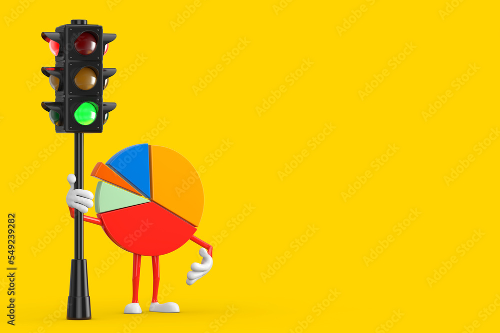 Leinwandbilder info graphics business pie chart character person with traffic green light. 3d rendering