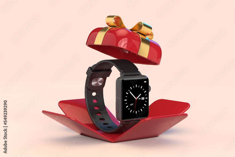 Poster Black Modern Smart Watch with Strap in Opened Red Gift Box with Golden Ribbon. 3d Rendering