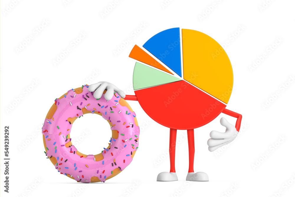 Poster Info Graphics Business Pie Chart Character Person with Big Strawberry Pink Glazed Donut. 3d Rendering