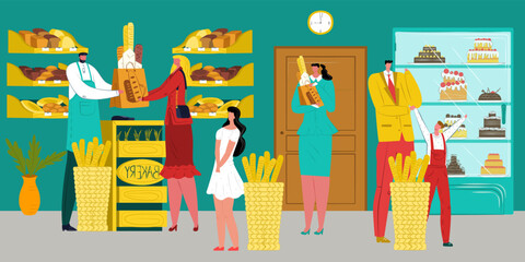 People buy bread at bakery, vector illustration. Cartoon man woman character with fresh pastry product stand near flat counter.