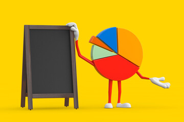 Info Graphics Business Pie Chart Character Person with Blank Wooden Menu Blackboards Outdoor Display. 3d Rendering