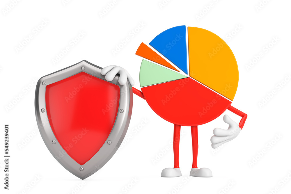Poster Info Graphics Business Pie Chart Character Person with Red Metal Protection Shield. 3d Rendering