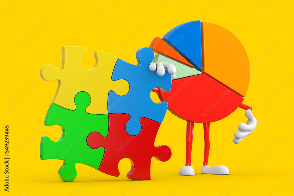 Poster info graphics business pie chart character person with four pieces of colorful jigsaw puzzle. 3d ren