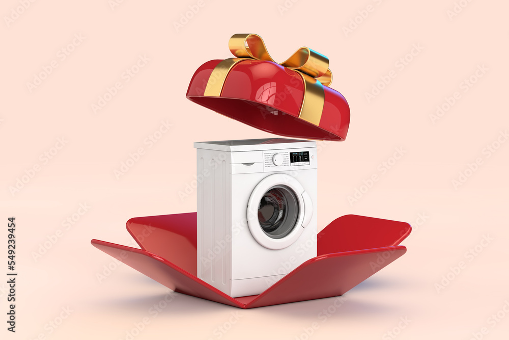 Aufkleber white modern washing machine in opened red gift box with golden ribbon. 3d rendering