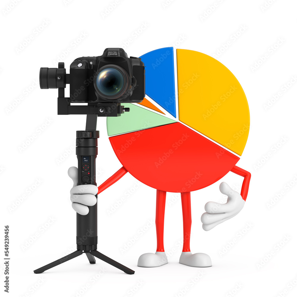 Aufkleber info graphics business pie chart character person with dslr or video camera gimbal stabilization tri