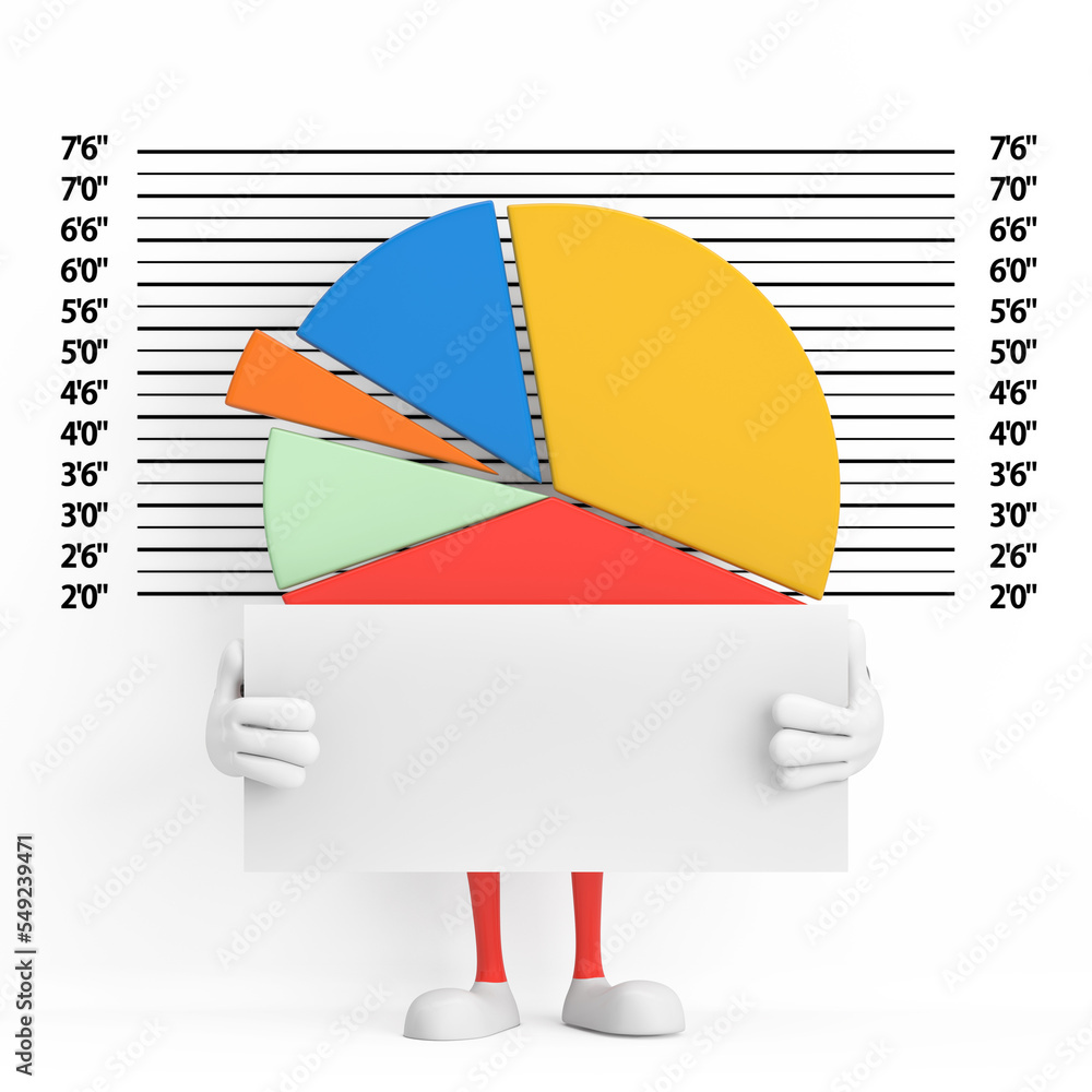 Poster info graphics business pie chart character person with identification plate in front of police lineu