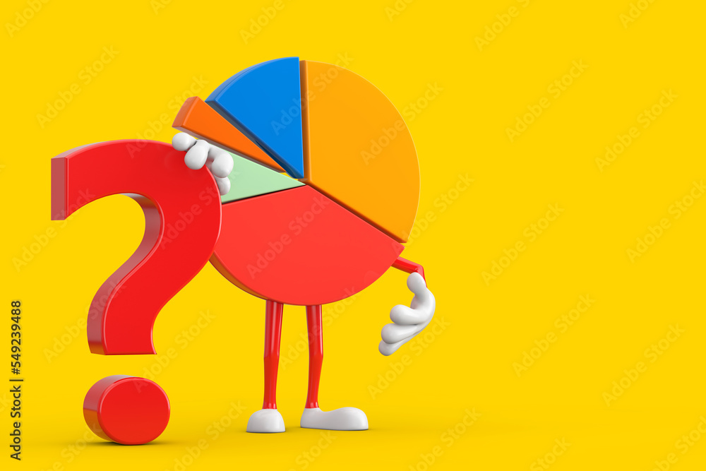 Poster info graphics business pie chart character person with red question mark sign. 3d rendering
