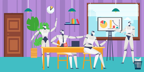 Robot meeting at flat modern office, cyborg at desk design, vector illustration. Robotic intelligence team have corporate communication.