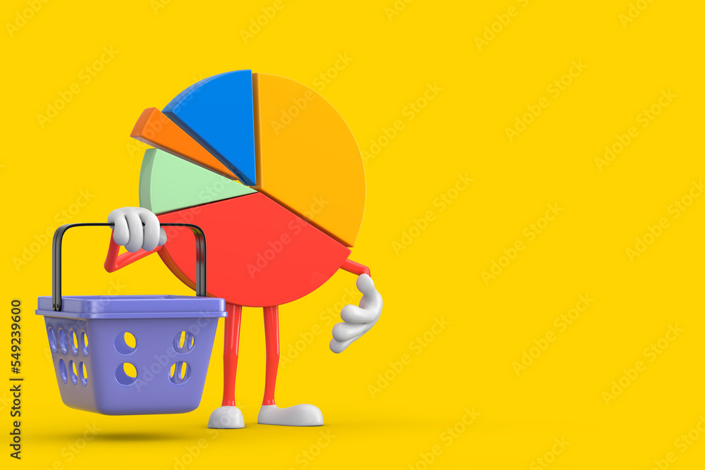 Poster info graphics business pie chart character person with cartoon shopping basket. 3d rendering