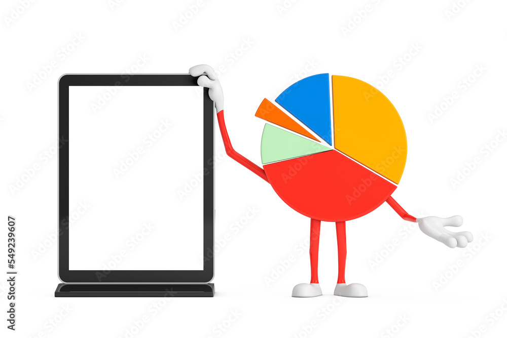 Aufkleber Info Graphics Business Pie Chart Character Person with Blank Trade Show LCD Screen Display Stand as Template for Your Design. 3d Rendering