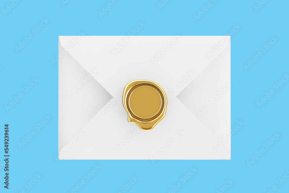 Poster white blank envelope and gold wax seal with blank space for your design. 3d rendering