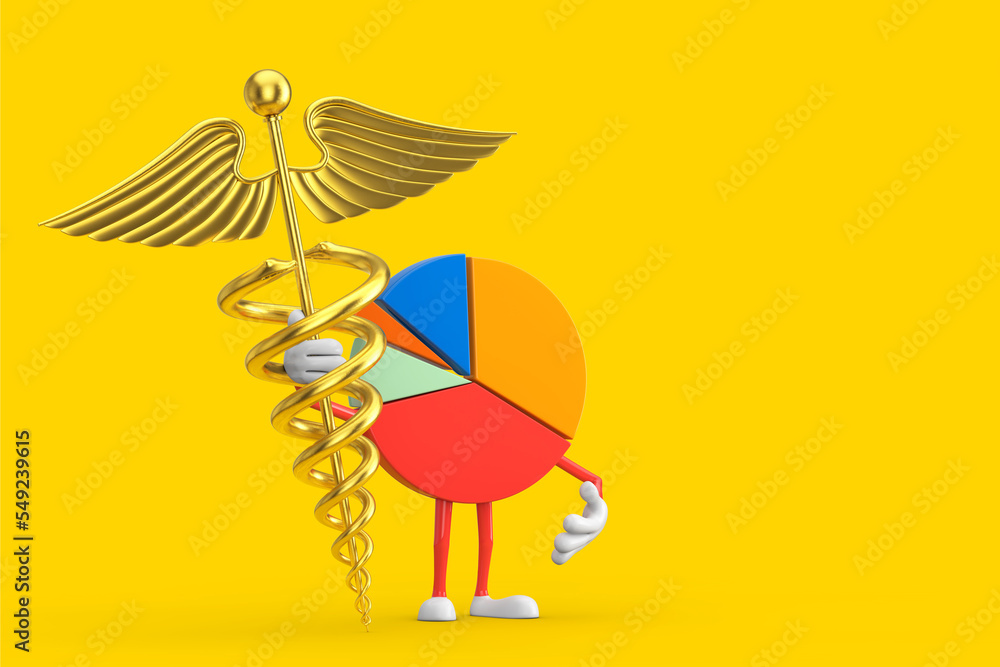 Poster info graphics business pie chart character person with golden medical caduceus symbol. 3d rendering