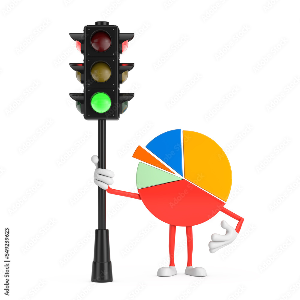 Leinwandbilder info graphics business pie chart character person with traffic green light. 3d rendering