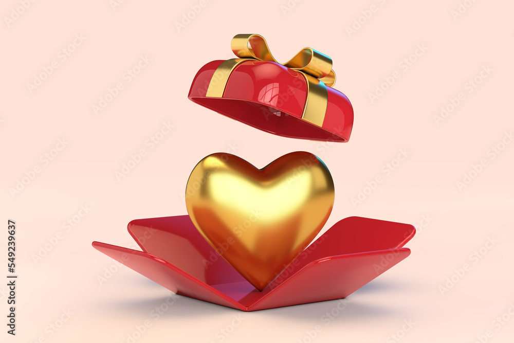 Aufkleber golden heart in opened red gift box with golden ribbon. 3d rendering