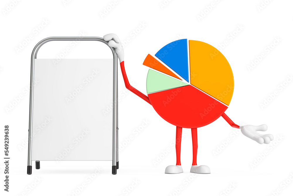 Poster Info Graphics Business Pie Chart Character Person with White Blank Advertising Promotion Stand. 3d Rendering