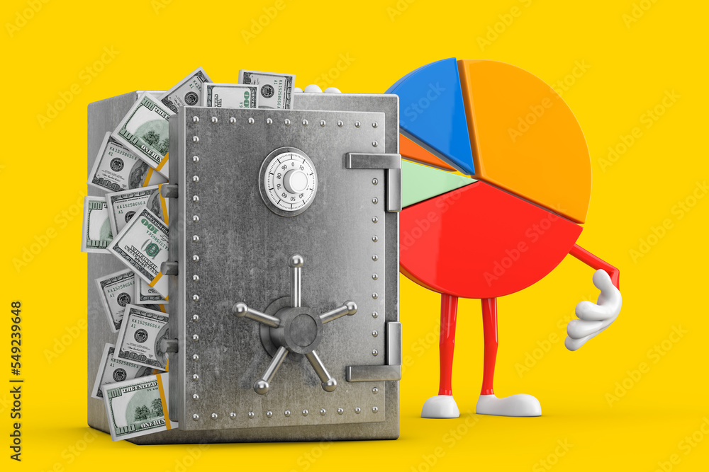 Aufkleber info graphics business pie chart character person with vault or safe box full of dollar bills. 3d re