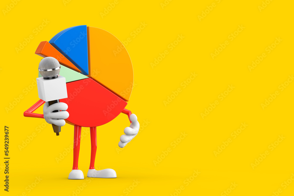 Poster info graphics business pie chart character person with modern chrome microphone. 3d rendering
