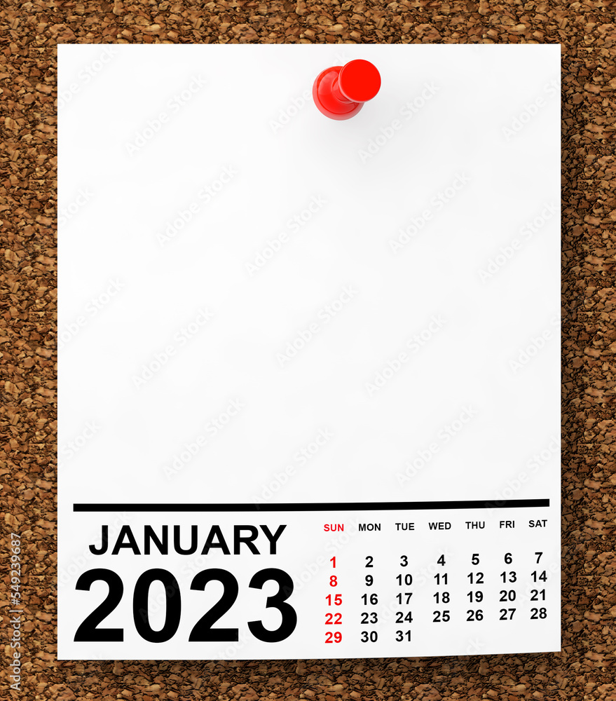 Aufkleber Calendar January 2023 on Blank Note Paper. 3d Rendering