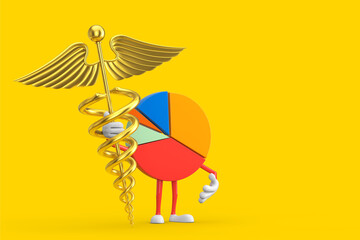 Info Graphics Business Pie Chart Character Person with Golden Medical Caduceus Symbol. 3d Rendering