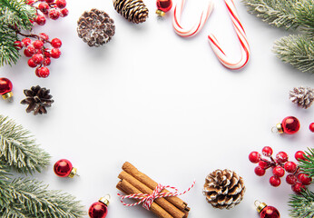 Christmas background with fir tree and decor. Top view with copy space