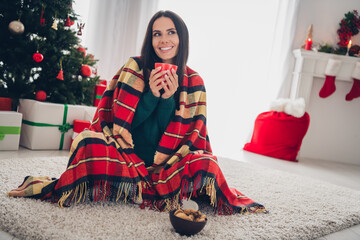 Photo of thoughtful cute girl wear xmas green pullover drinking hot spicy mulled wine indoors home...