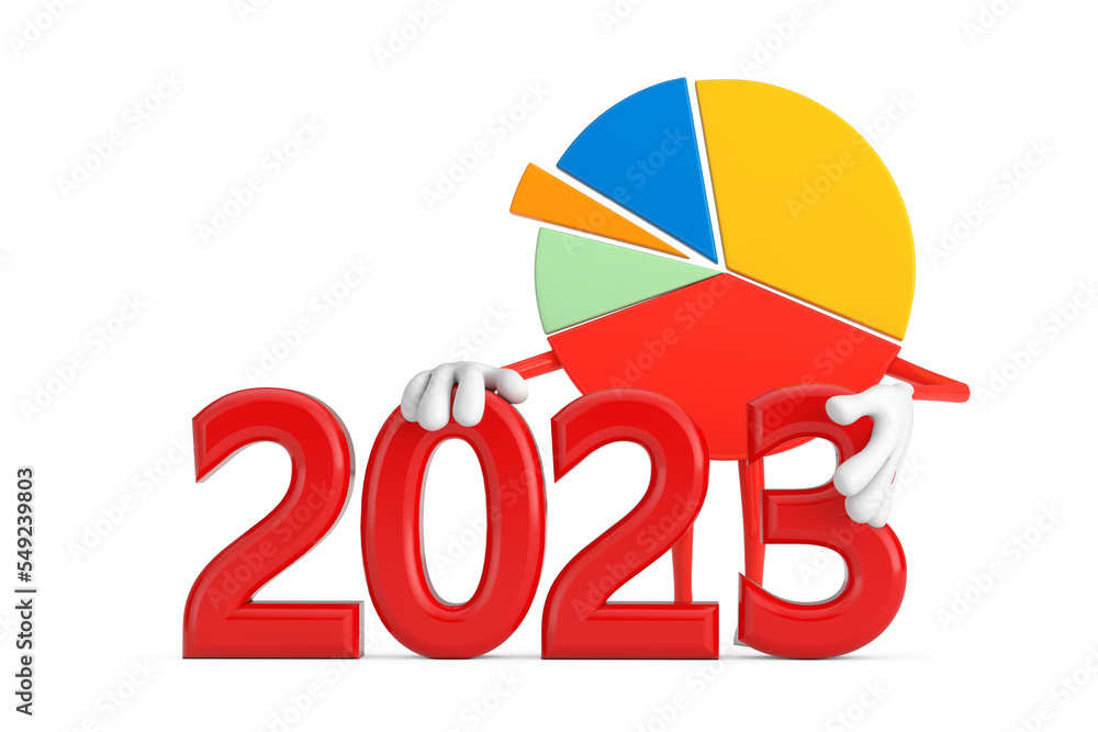 Poster info graphics business pie chart character person with red 2023 new year sign. 3d rendering