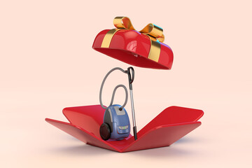 Modern Vacuum Cleaner in Opened Red Gift Box with Golden Ribbon. 3d Rendering