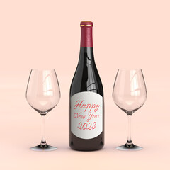 Two Wine Glasses and Red Wine Bottle with Happy New Year 2023 Sign. 3d Rendering