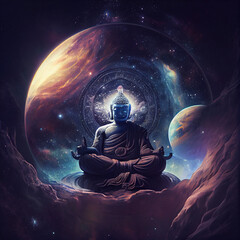 Buddha meditating in space - galaxies, stars, space dust, cosmic lights and planets