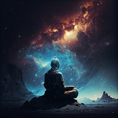 Fototapeta na wymiar Buddha meditating in space - galaxies, stars, space dust, cosmic lights and planets