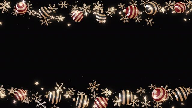 Christmas frame with Christmas decorations and gold snowflakes