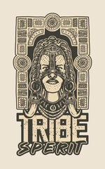 Tribe Spirit - Black male, tribal maya aborigen - T-Shirt design - vector illustration - White version